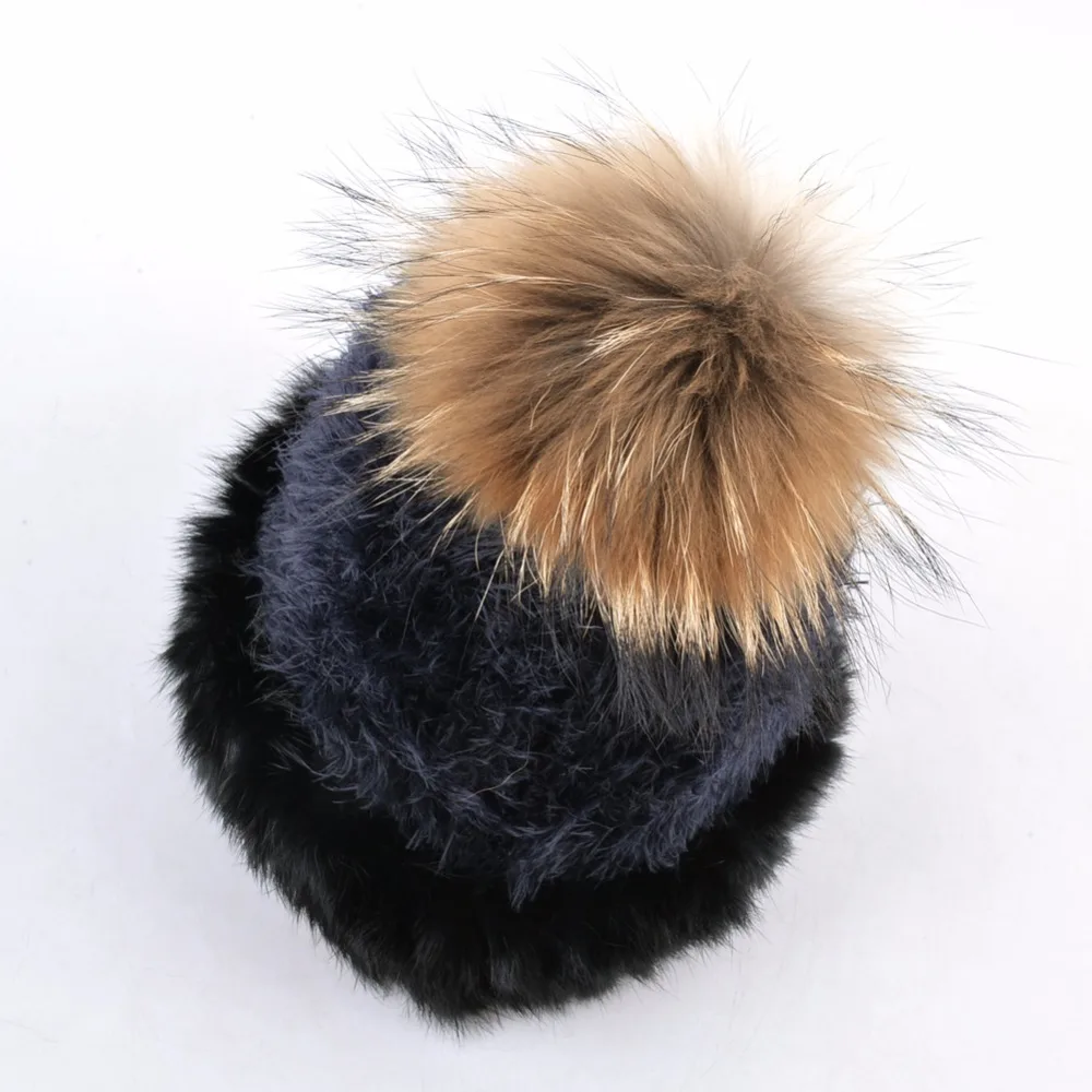 Real Rabbit Fur Knitted Beanies Hat Women Autumn Winter Knit Solid Color Fluffy Hats With Fur Pompoms Ball Skullies Caps Ladies