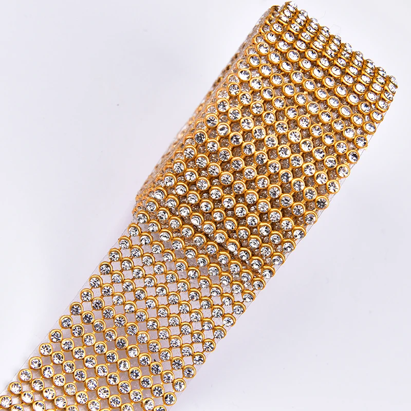 Gold Plating 10 Rows Hot Fix 3mm Rhinestone Trimming Crystal Mesh Banding Iron on Glass Diamond Stripe 1.2 Meters Garment DIY