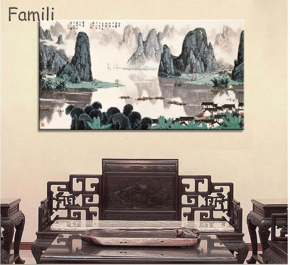 

Large Wall Art Canvas Prints Chinese Mountain and River painting Picture Hall Living Room Decor Canvas Art Wall Poster Print-6