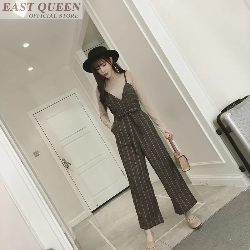 Wanita Jumpsuits 2019 Plaid Overall untuk Wanita Elegan Ankle-Length Celana Kantor Pinggang Tinggi Belted Jumpsuit Rompers DD564 L