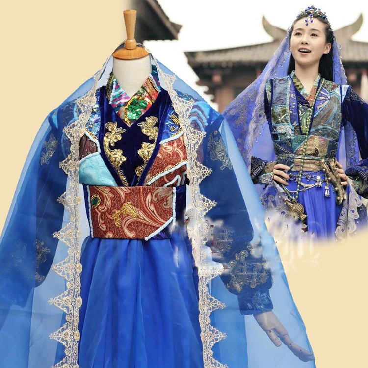 Da Mo Yao TV Play Sound of the Desert Liu Shishi  Exotic Style Ancient LouLan Country Princess Costume Sapphire Blue Clothing