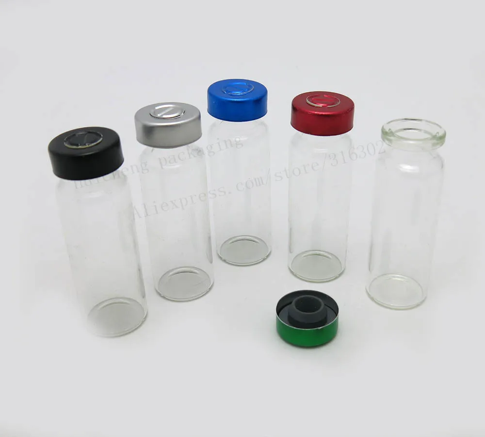 

50 X 15ML clear glass vials bottles with butyl silicone red stopper with Metal Lids1/2oz Cosmetic Containenrs