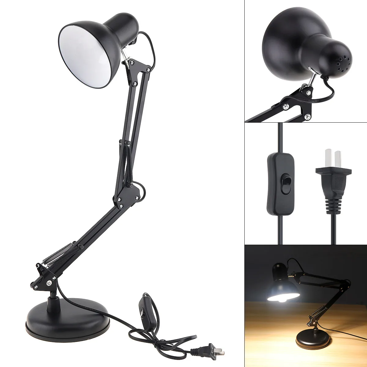 Flexible Swing Arm Clamp Mount LED Desk Light Table Lamp with Key Switch Support E27 Bulb for Book Reading Study Office Work