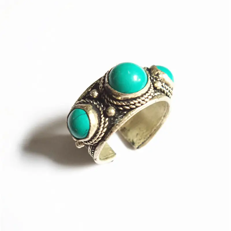 Tibetan Rings Copper inlaid 3 Turquoise Beads Open Rings for Man Tibetan Jewelry R211