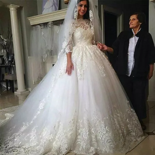 Charming Winter Plus Size Lace Wedding Dresses Illusion Long Sleeve Appliques Ball gown 2021 Vestido de novia Arabic Bridal Gown