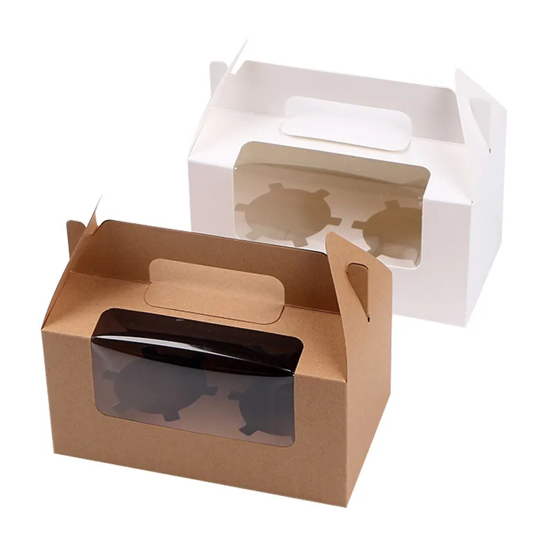 500pcs/lot Wholesale Kraft paper Cake Box with handle,brown cup cake box with Window,wedding paper cardboard cake box 4 colors