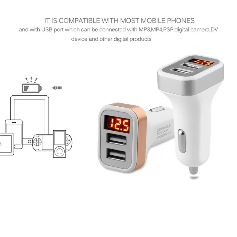 Dual Port USB Adapter Car-charger Double USB for iPhone iPad Samsung Xiaomi Phone Charging cable Car Charger Digital Display