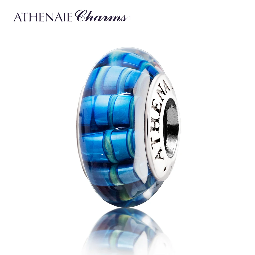 ATHENAIE Genuine Murano Glass 925 Silver Core Glazing Streak Charms Beads Fit European Charm Bracelets & Bangles DIY Color Blue