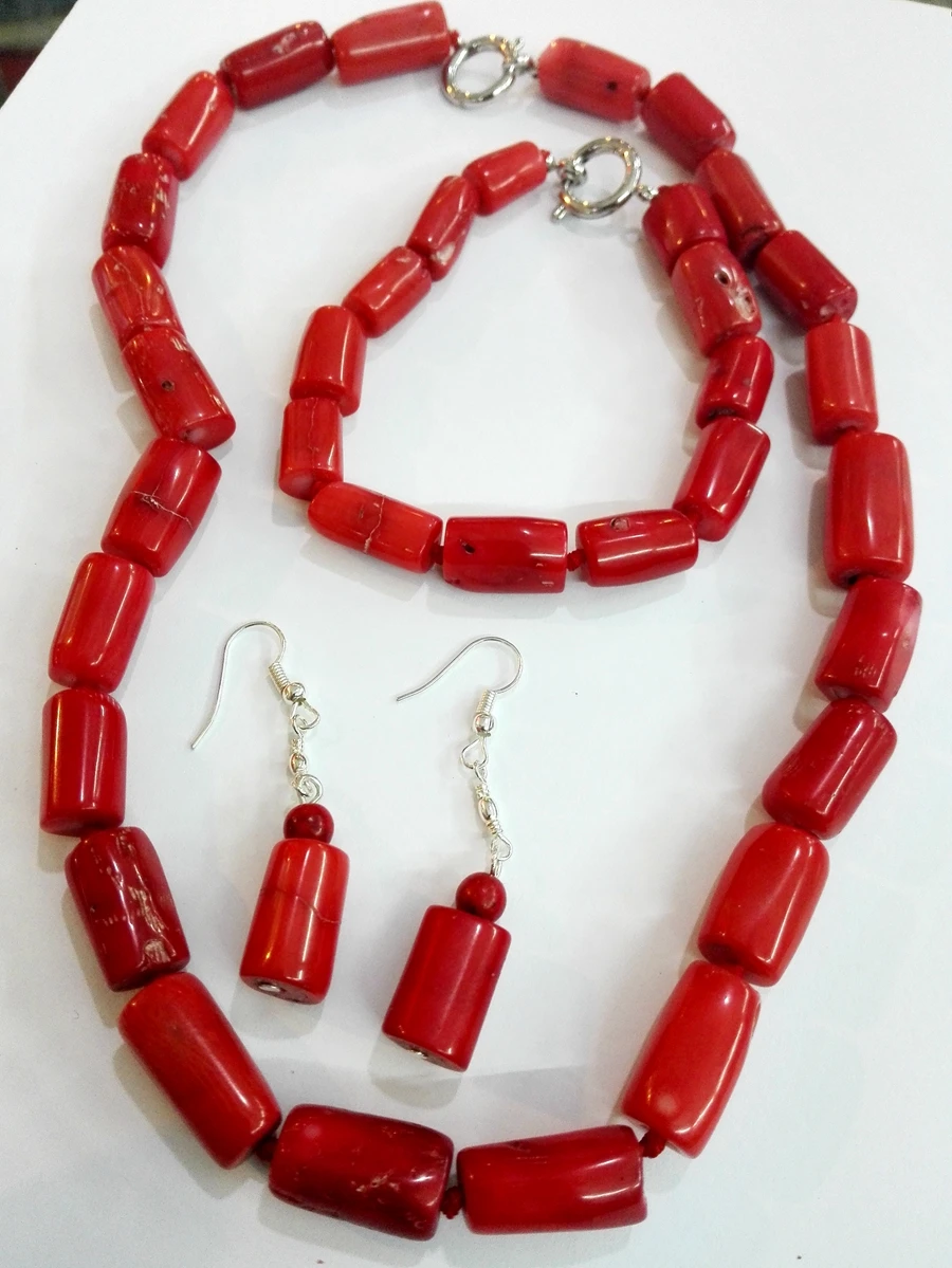 

Woman jewelry Natural Red Coral Bead Cylinder Choker Necklace Bracelet Dangle Hook Earring Jewelry set