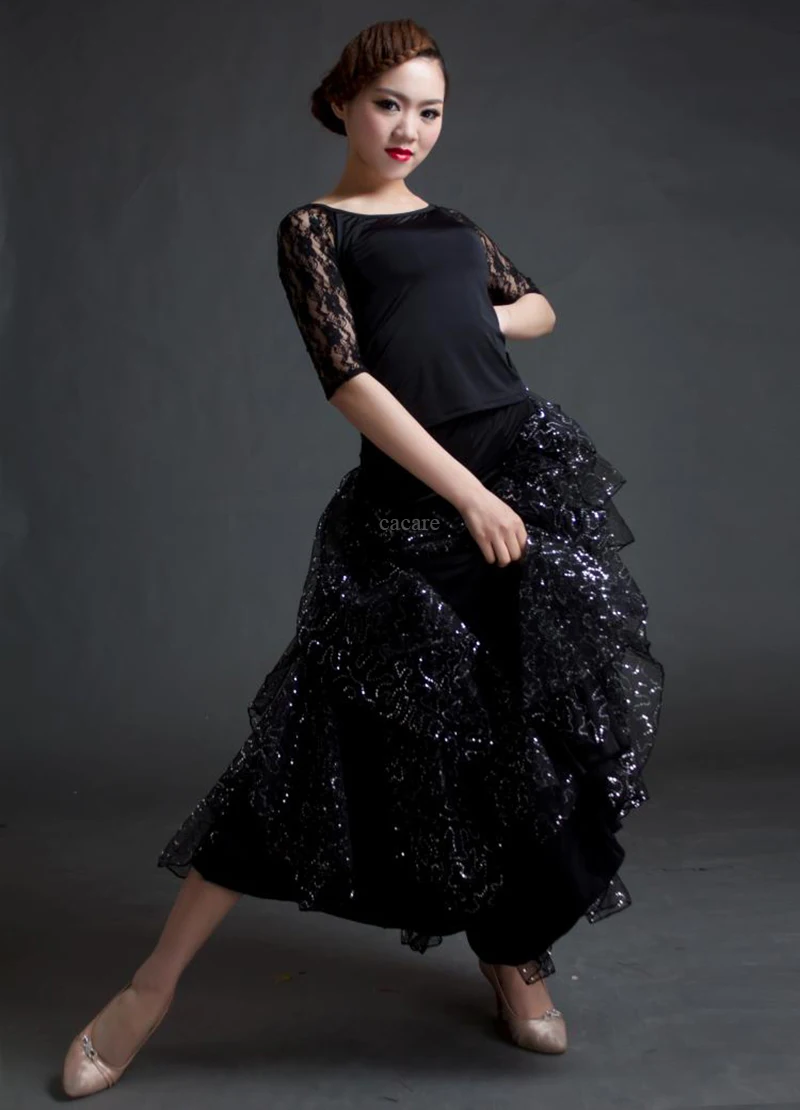 Ballroom Dance Competition Dresses Flamenco Standard Dance Dresses Waltz Tango 2 Colors Shirt Skirt Set D0423 Big Ruffled Hem