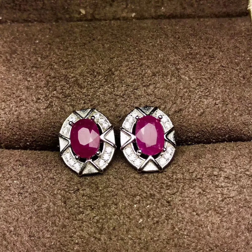 Natural ruby stud earring Free shipping Original real ruby 925 sterling silver 5*7mm*2pcs gemstone For men or women