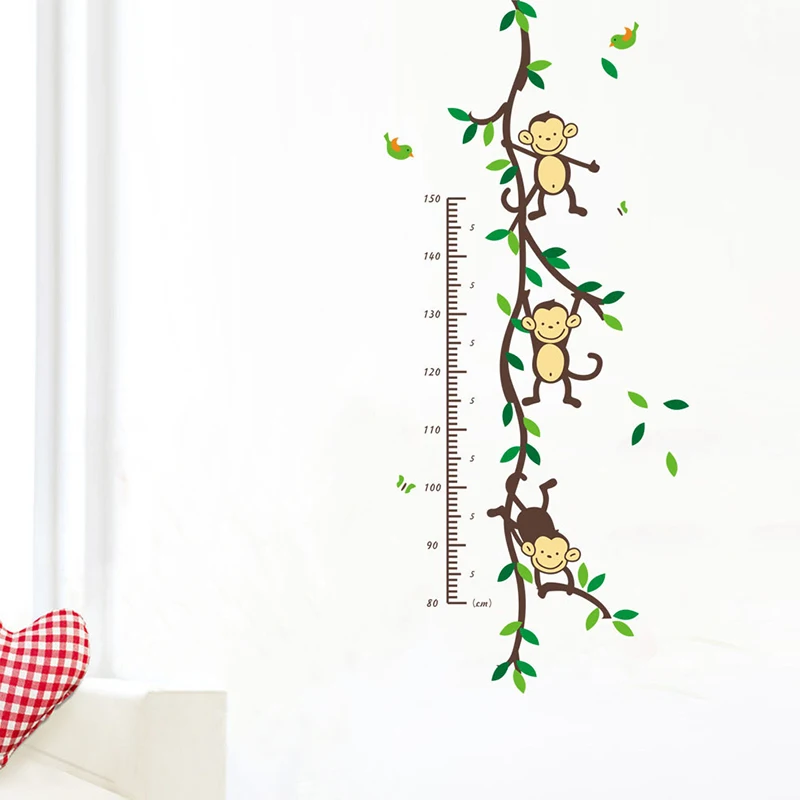 Cartoon animal monkey TREE BRANCH home dacor wall stickers baby child height measure growth chart for kids room nursery decals