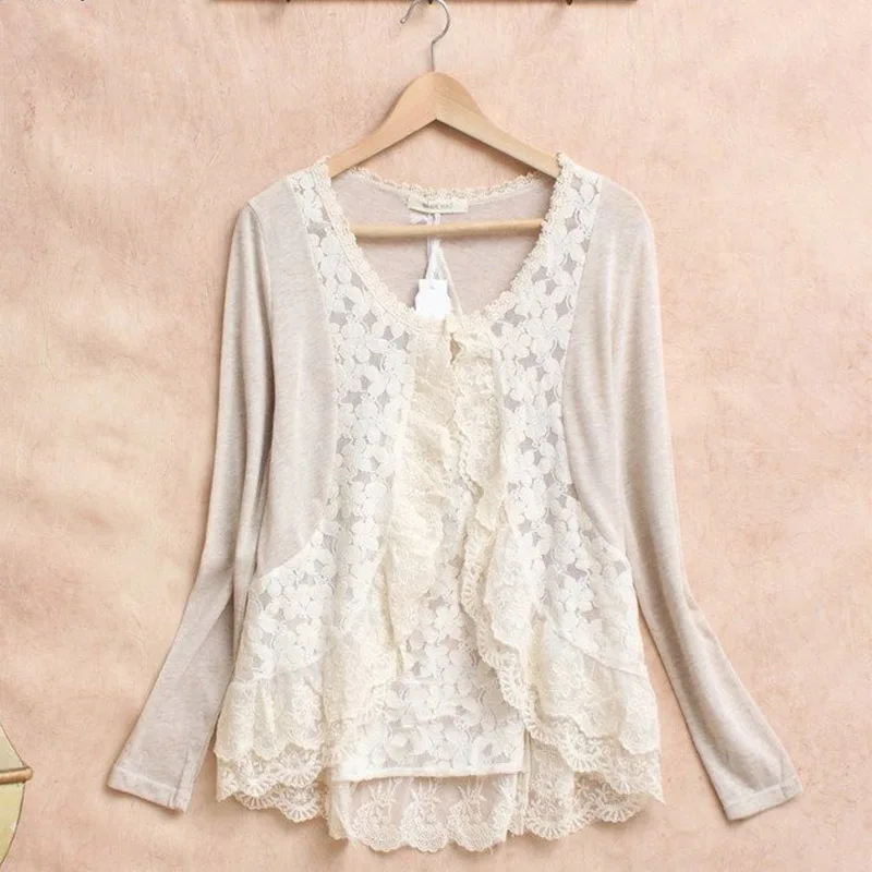 Wiosna styl Mori Girl kobiety szydełkowe ładny długi rękaw haft bawełna len kobieta Blusas kardigan U053