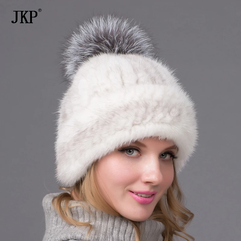 Real Natural Mink Fur Knitted Hats With Fox Fur Ball High Quality Earflap Hat Women Winter Warm Solid Caps BZ-10