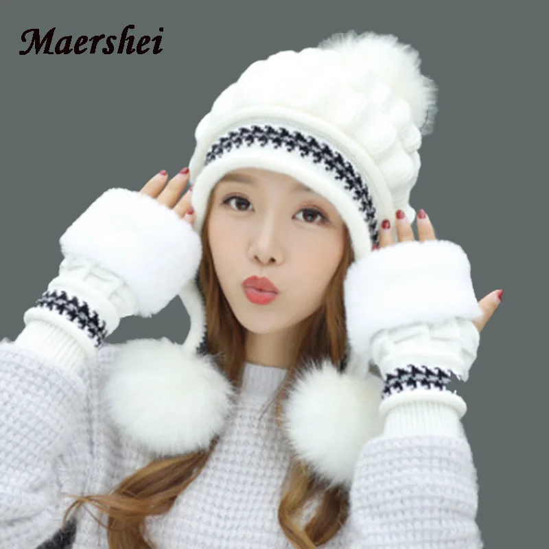 MAERSHEI Hot Ski Girl Women Beanies Skullies Female Cap warm 2020 Brand New Large Pompons Hot Skins Gloves Hat Knit Winter Hats