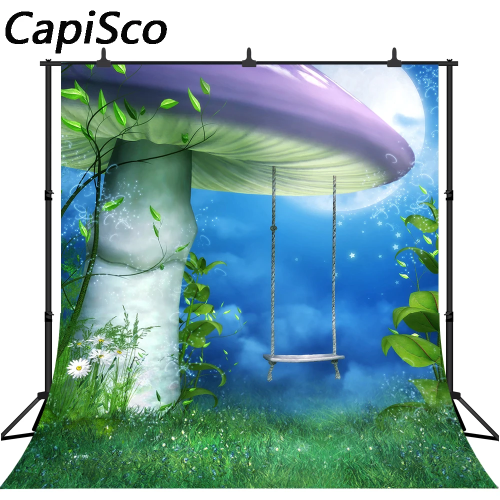 Capisco Dreamy Mushroom Photography Backdrop Fairy Tale Forest Swing Moon Night Florets Meadow Background Photo Studio Props