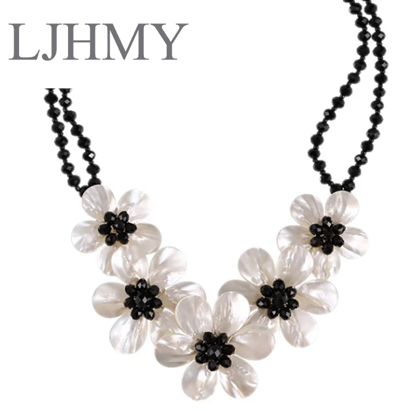 LJHMY Crystal Beads Freshwater Pearl White Sea Shell Flower Necklace for Women Statement Bib Wedding Party Choker Necklace