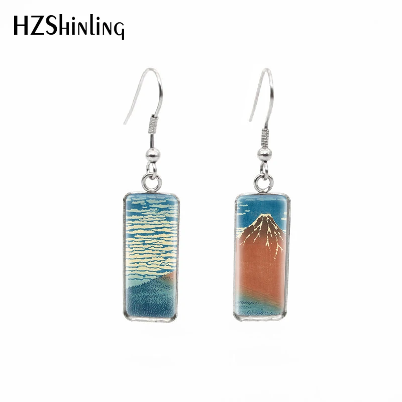 Pendientes rectangulares de La Gran Ola de Kanagawa, pinturas Hokusai, gancho de pescado, foto, cúpula de cristal, joyería, novedad de 2019