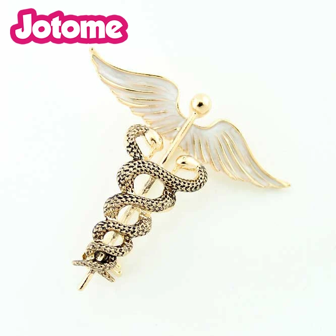 Gold Wings Caduceus Brooch