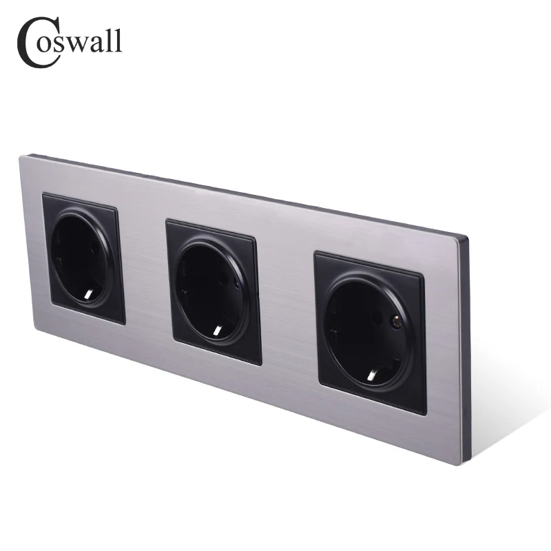 COSWALL Stainless Steel Panel Triple Wall Socket 16A EU Russia Spain Electrical Outlet Silver Black Color Child Protective Door