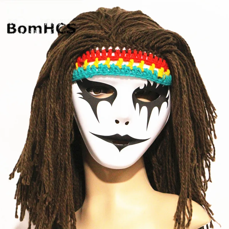 BomHCS Funny Halloween Crazy Horror Mask + Wigs Beanie Handmade Knitted Winter Thick Hat Cap Party Gift