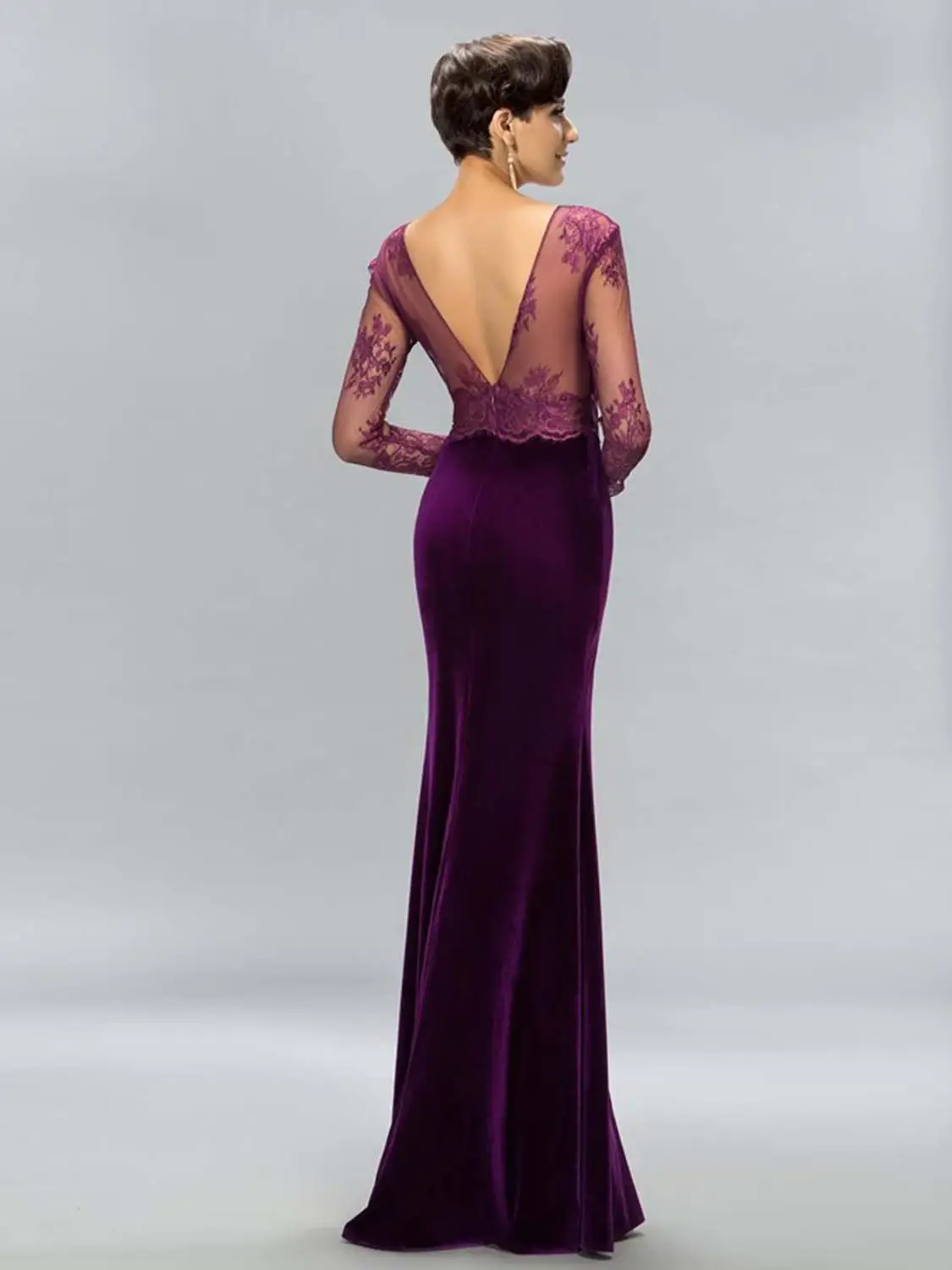 ANTI Sexy V neck Purple Long Evening Dress 2019 Lace Velour illussion Robe De Soire Long Sleeve  A-Line Formal Party Gowns Abide