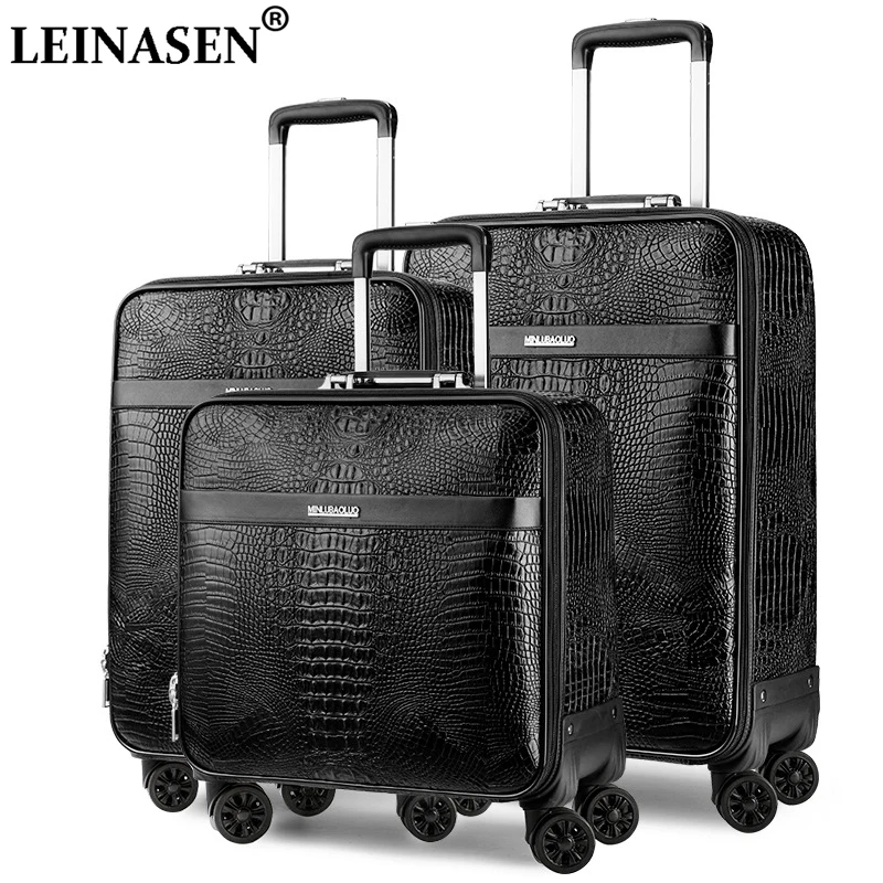 

Crocodile Grain retro Suitcases Rolling Luggage Set 24 '' Business PU Leather Trolley Luggage 16/20 inch Password Suitcase Black