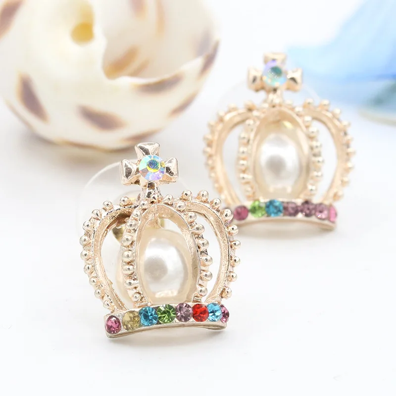 Wholesale Gold Colorful Rhinestone Cross Crown Pearl Imitation crystal Retro Stud Earrings For Women Gift