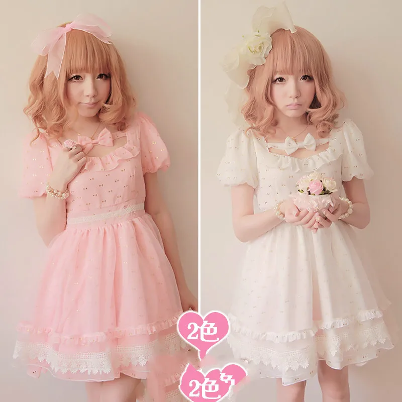 

Sweet lolita dress bobon 21 princess lace white with golden bow print one-piece bitter fleabane bubble shape dress d0849