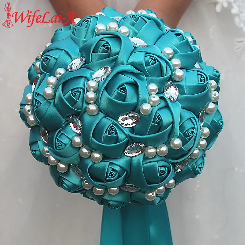 WifeLai-Blue Rose ไข่มุก Rhinestone เข็มกลัดจัดงานแต่งงาน Buque De Noiva เจ้าสาวริบบิ้นดอกไม้ช่อ W234-27