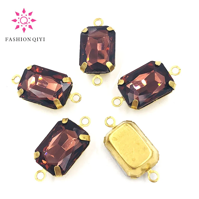 Free shipping10X14mm Rectangular octagon sew on rhinestones Wine red Gold base Glass crystal double loop pandent diy accessories