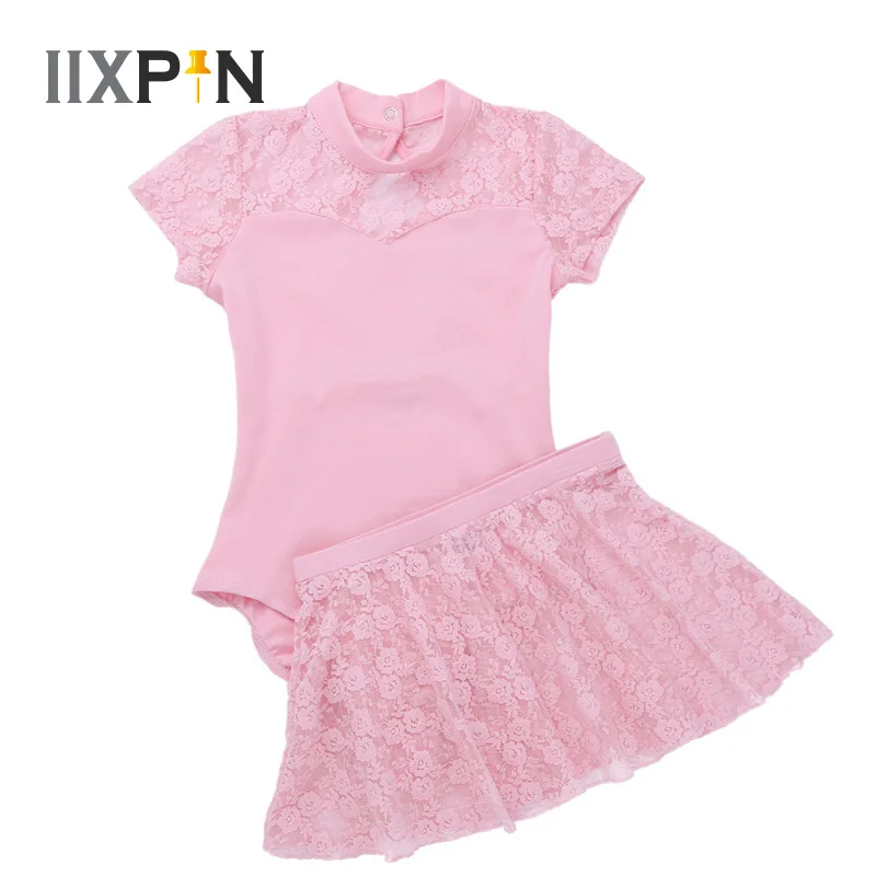 

Girls Ballet Leotards Dresses Short Sleeves Mock Neck Lace Splice Cutout Back Gymnastics Leotard Dance Practice Costume