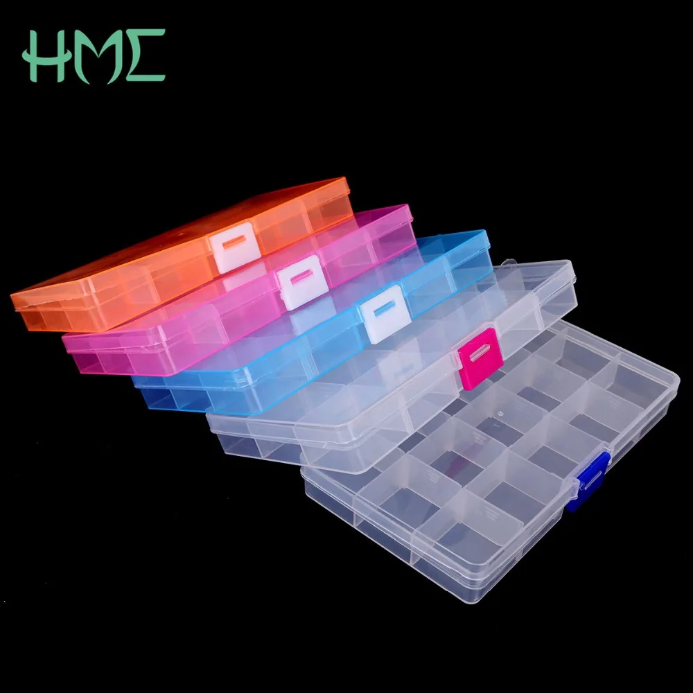 2017 NEW 17.4*9.8*2.2cm 15Cells 5 Colors  Button&Jewel Case Transparent Color DIY Organizer Box Splittable Plastic Storage Boxes