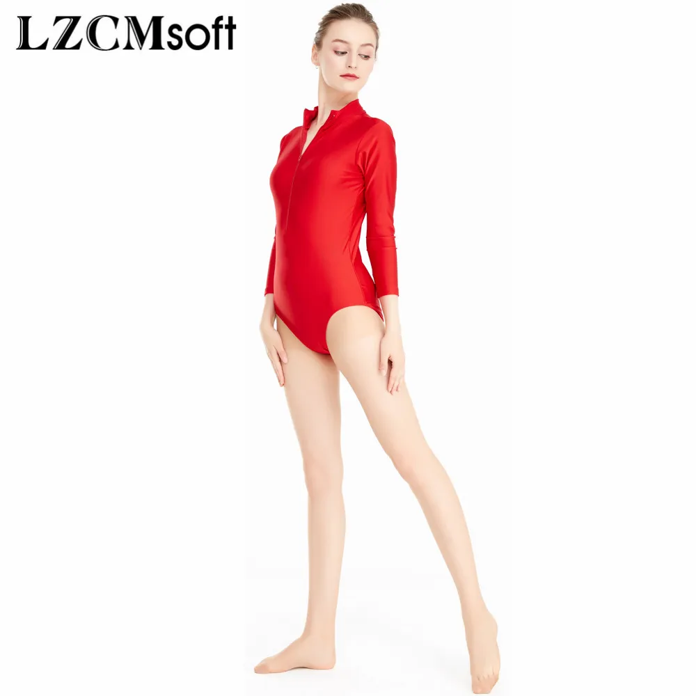 LZCMsoft Women\'s 3/4 Sleeve Front Zip Turtleneck Ballet Dance Leotards Spandex Nylon Gymnastics Leotards Girls Stage Costume