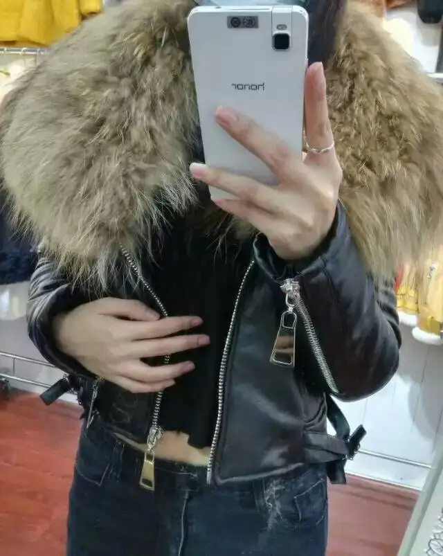 

Top Quality Leather & Suede Natural Collar Sexy Windproof Coat,Mr&Mrs Ladies Sexy Coat For Wholeslae