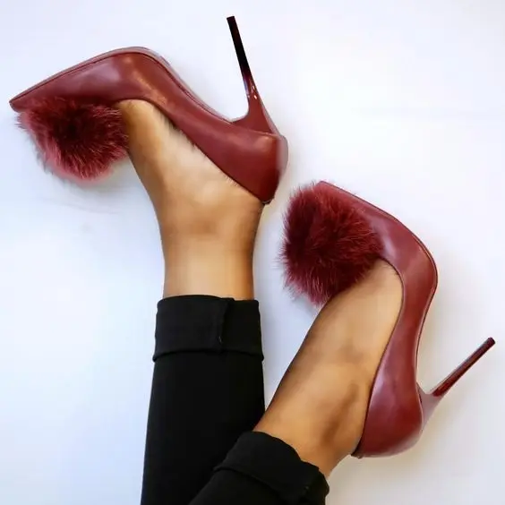 

Carpaton High Quality Wine Red Leather Woman Shoes Sexy Pointed Toe Thin Heels Pumps Beautiful Hairball Stiletto Heels