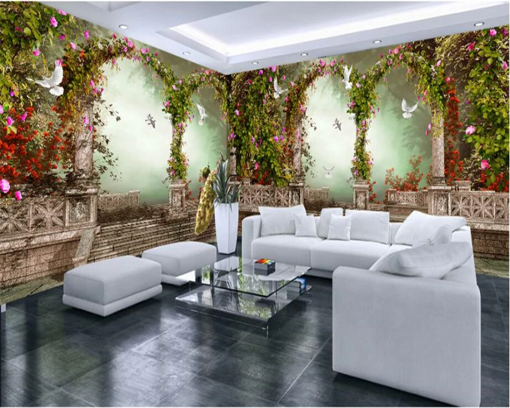 beibehang Fantasy beautiful wall paper arches large columns pastoral flowers peacock house wall murals papel de parede wallpaper