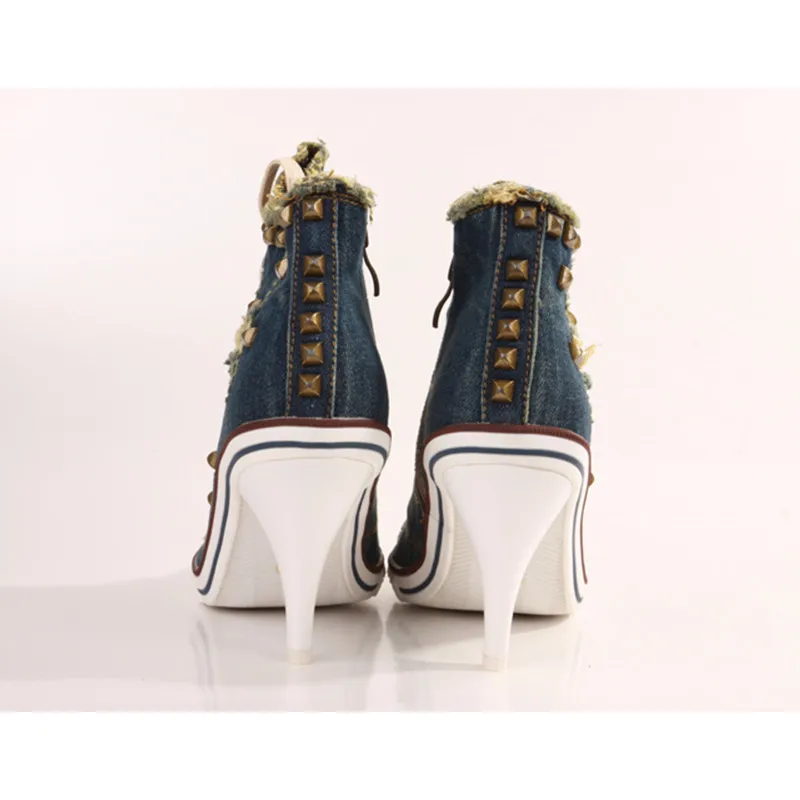 Vintage Dark Blue Women Short Boots Denim Studded Ankle Booties Lace Up High Heels Pumps Ladies Botas Mujer Rivets Zapatiilas