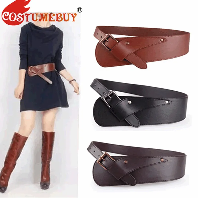 CostueBuy Medieval Women Steampunk Brown Pin Buckle Wide PU Leather Belt Women Summer Style Joker Wide Women Dress Belts L920