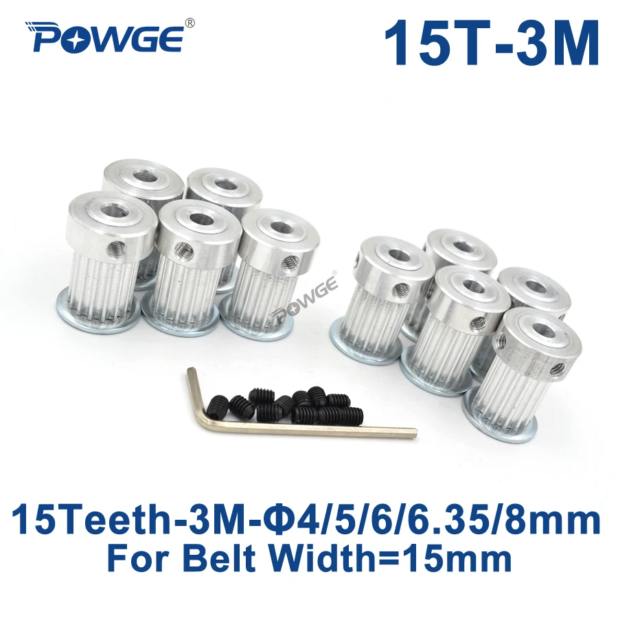 

POWGE 10pcs 15 Teeth 3M Timing Pulley Bore 4mm 5mm 6mm 6.35mm 8mm for Width 15mm HTD3M Timing belt HTD 3M Pulley CNC 15Teeth 15T