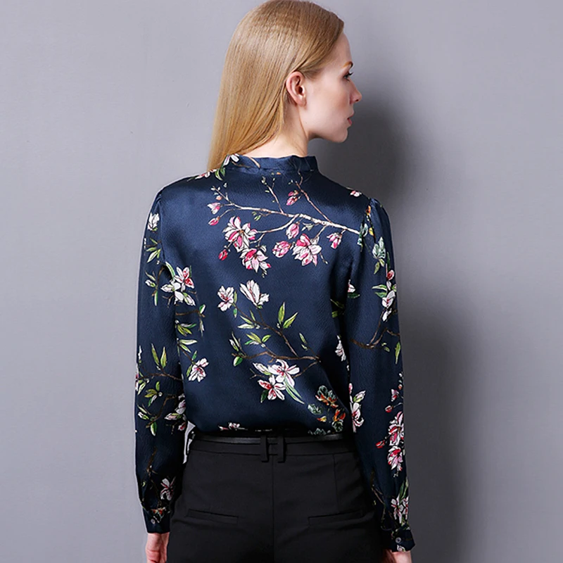 100% Silk Blouse Women Pullovers Shirt Printed Vintage Design Long Sleeves Office Work Top Elegant Style New Fashion 2017