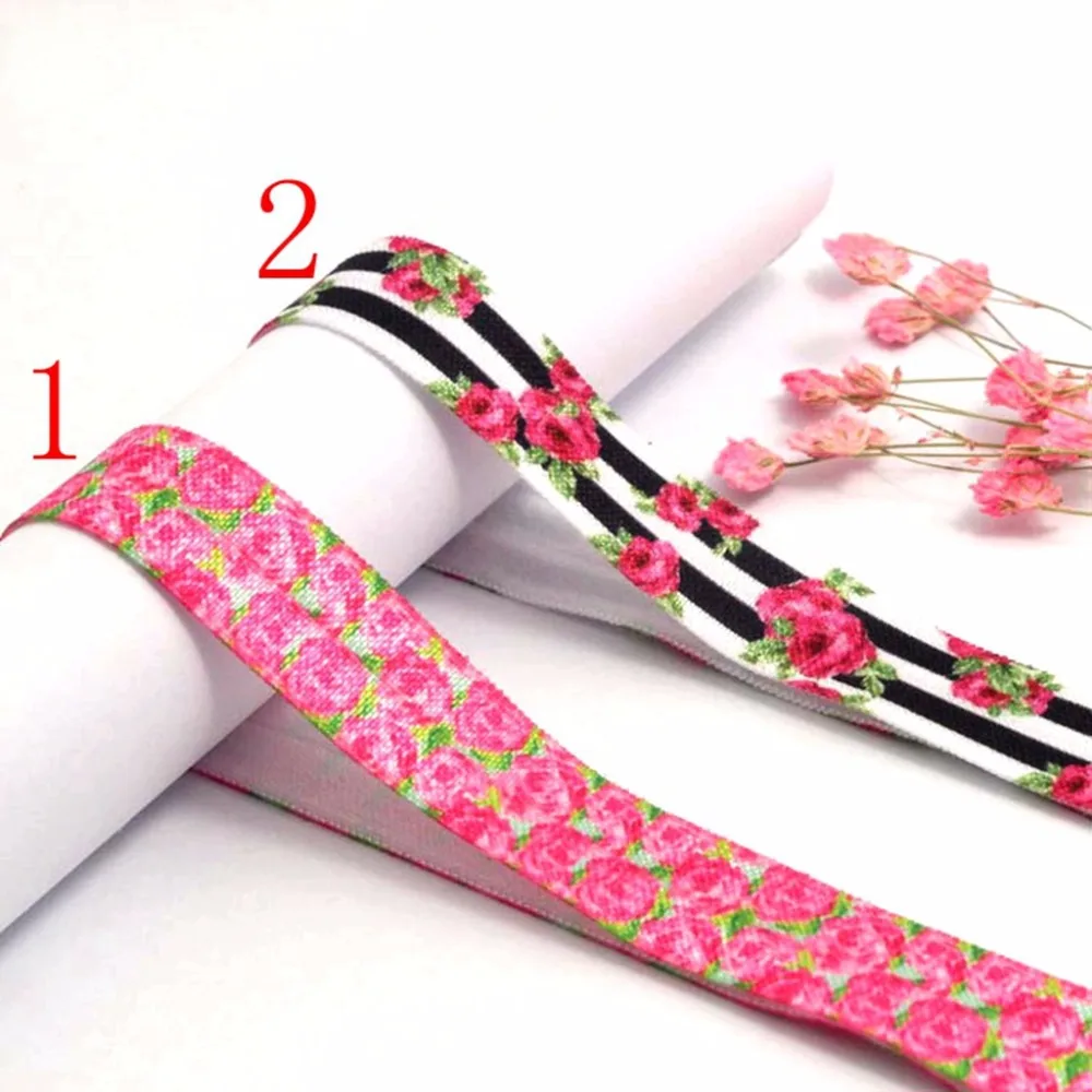 

100yards/lot 5/8" heat transfer flower flora printed foe fold over elastic for girls hair ties accessories wholesale