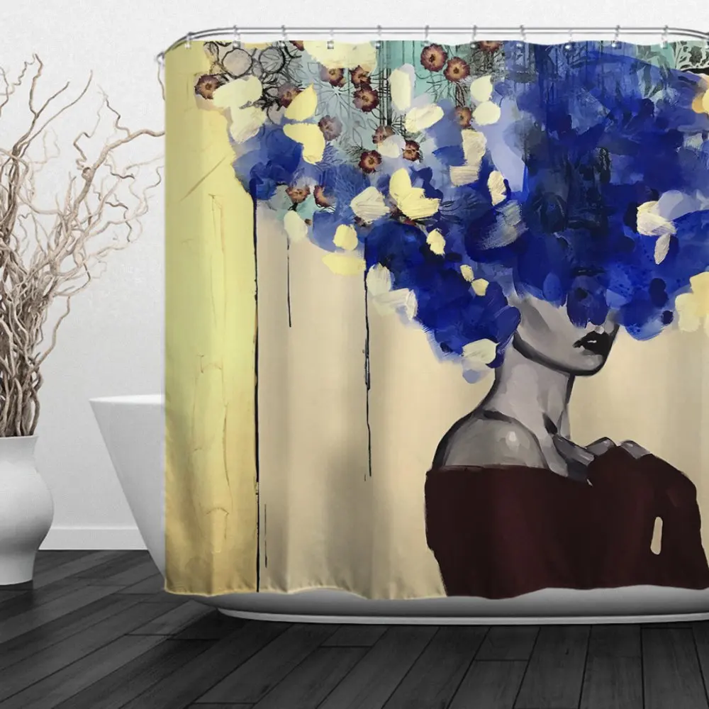 Afro African American Black Girl Shower Curtain Rock Watercolor Afro Hair Girl Lady Hip Pop Bathroom Decor