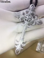 Vecalon Unique Flower Cross pendant 925 Sterling silver 5A Cz Stone cross Pendant necklace for Women Men Party Wedding Jewelry