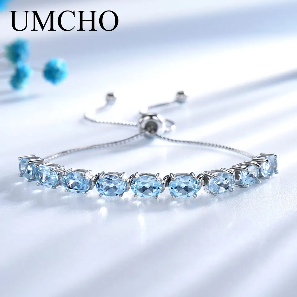 

UMCHO Genuine Natural Sky Blue Topaz Bracelets & Bangles Real 925 Sterling Silver Bracelet For Women Free Expansion Fine Jewelry