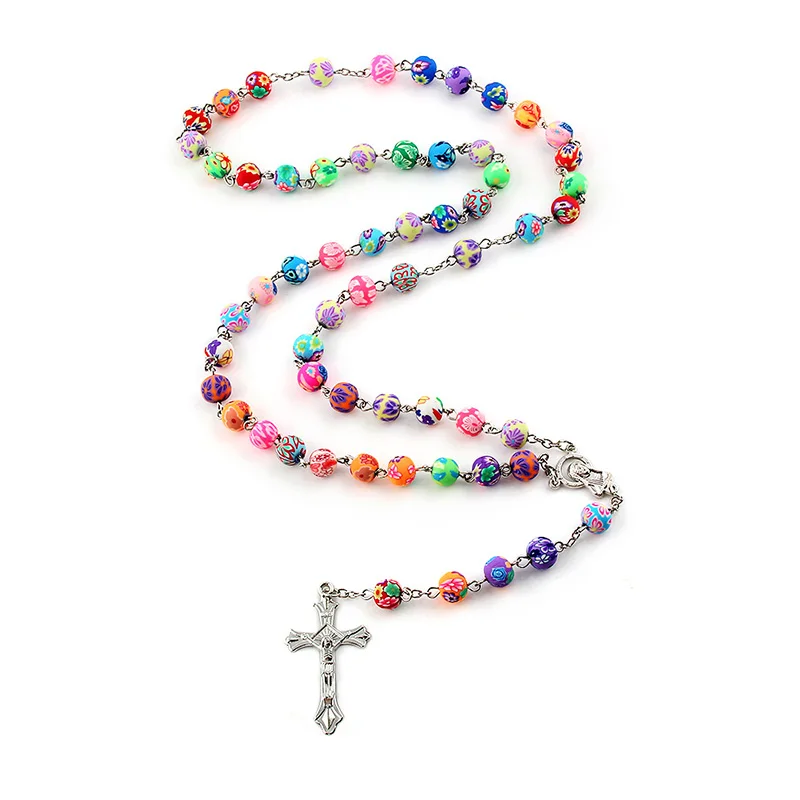 8mm Colorful Polymer Clay Bead Rosary Pendant Necklace Alloy Cross Virgin Mary Centrepieces Christian Catholic Religious Jewelry