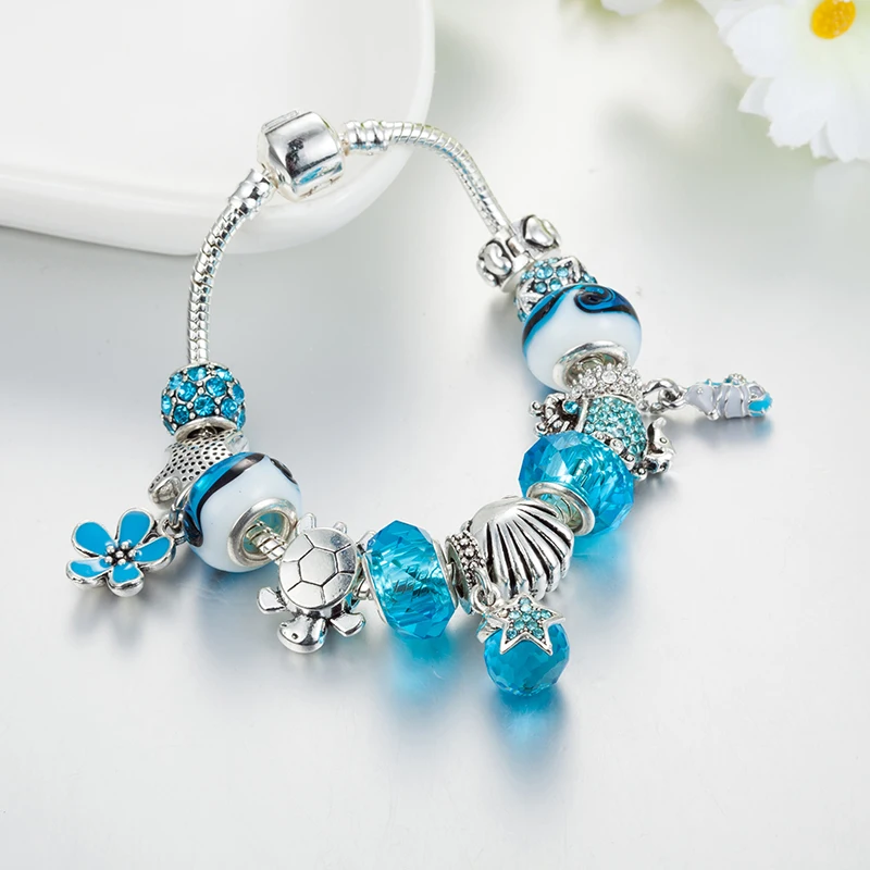 ANNAPAER Emaille Seestern Charme Armbänder & Armreifen Feine Silber Farbe Blau Kristall Murano Perlen Armband für Frauen B16194