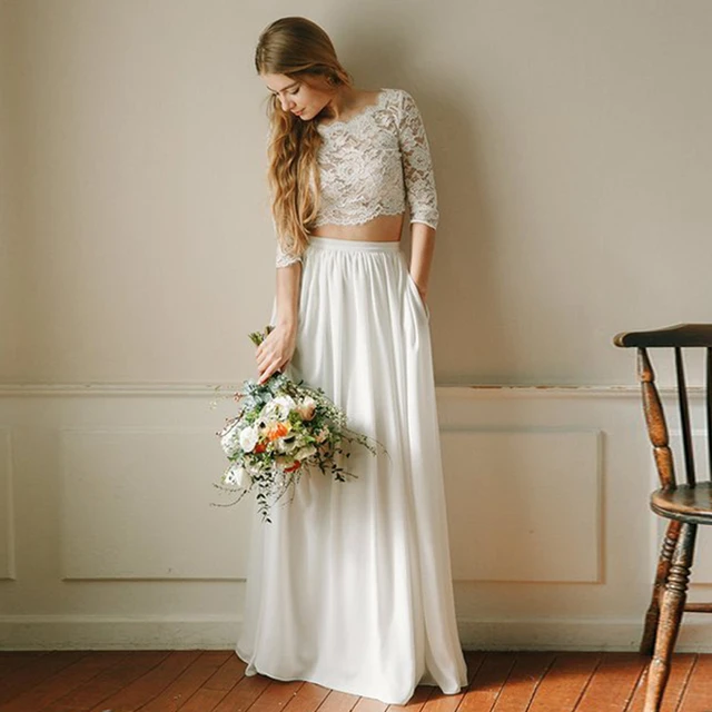 Elegante Due Pezzi D avorio Abiti Da Sposa Slash Collo 3 4 Maniche Lunghe In Pizzo Crop Top In Raso di Lunghezza Del Pavimento Vestiti Dalle Donne Con tasche AliExpress