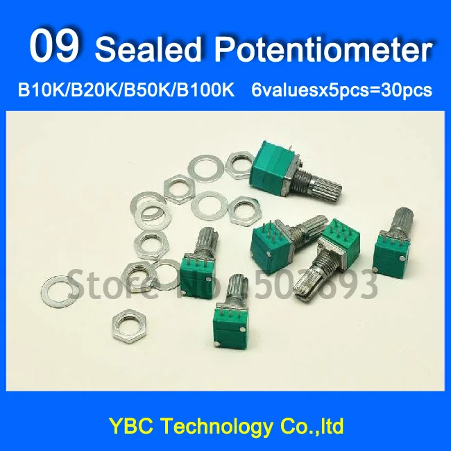 Free Shipping 6valuesx5pcs=30pcs 09 Sealed Potentiometer B10K B20K B50K B100K Variable Resistors