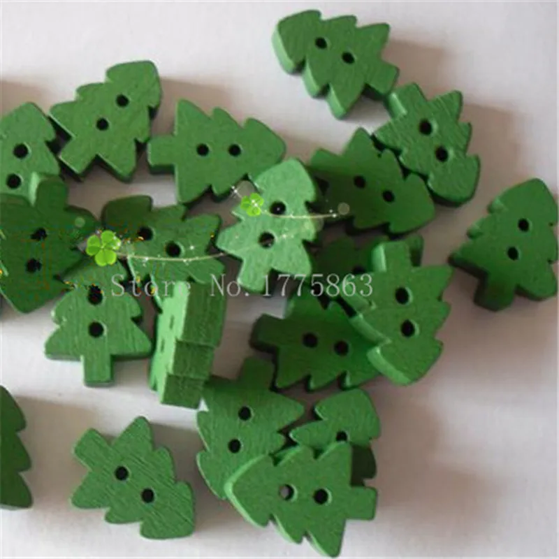 50 Pcs Green 2 Holes Christmas Tree Wooden Buttons , for Sewing, Scrapbooking Crafts , 7NK96